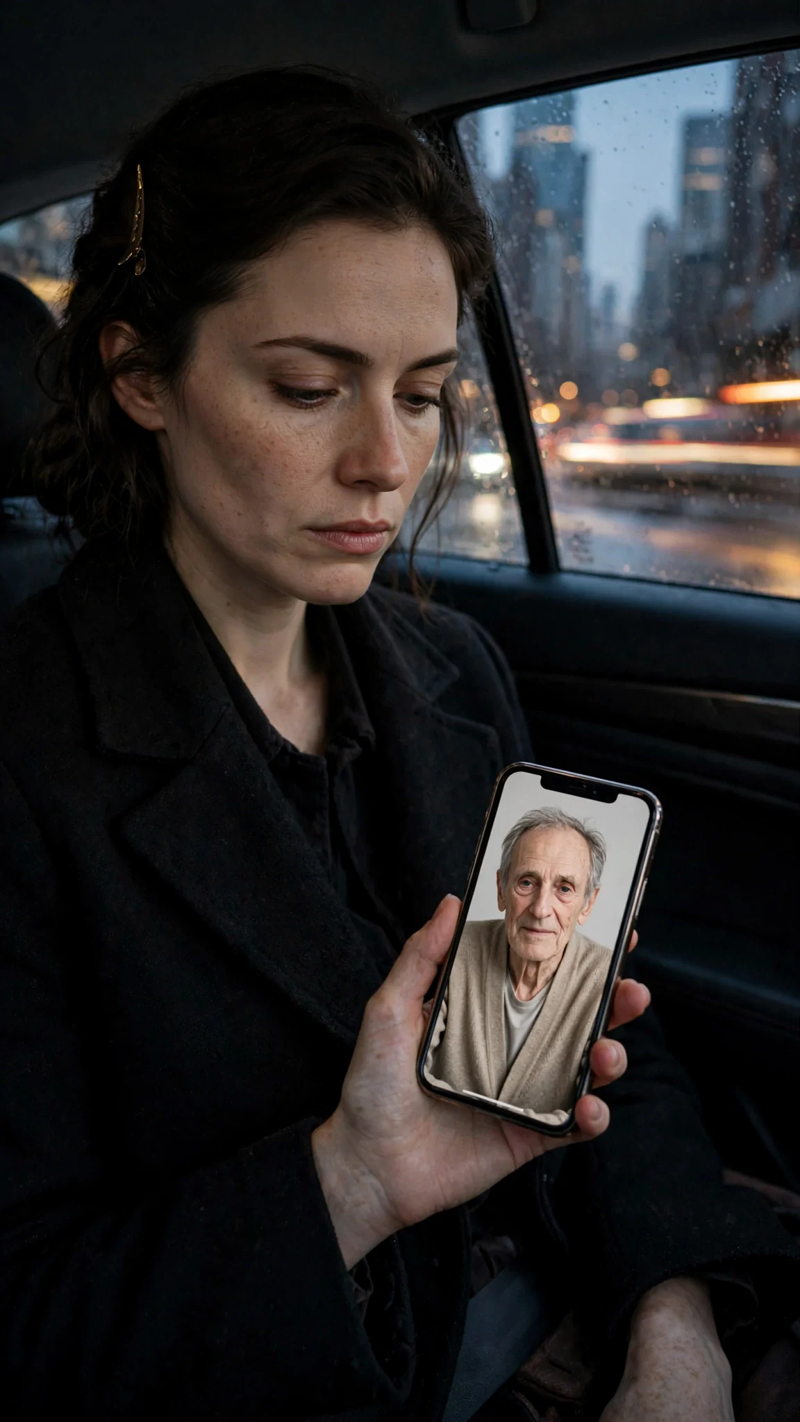 A woman in a dark coat sits in the back of a town car at dusk, a phone glowing in her hand.