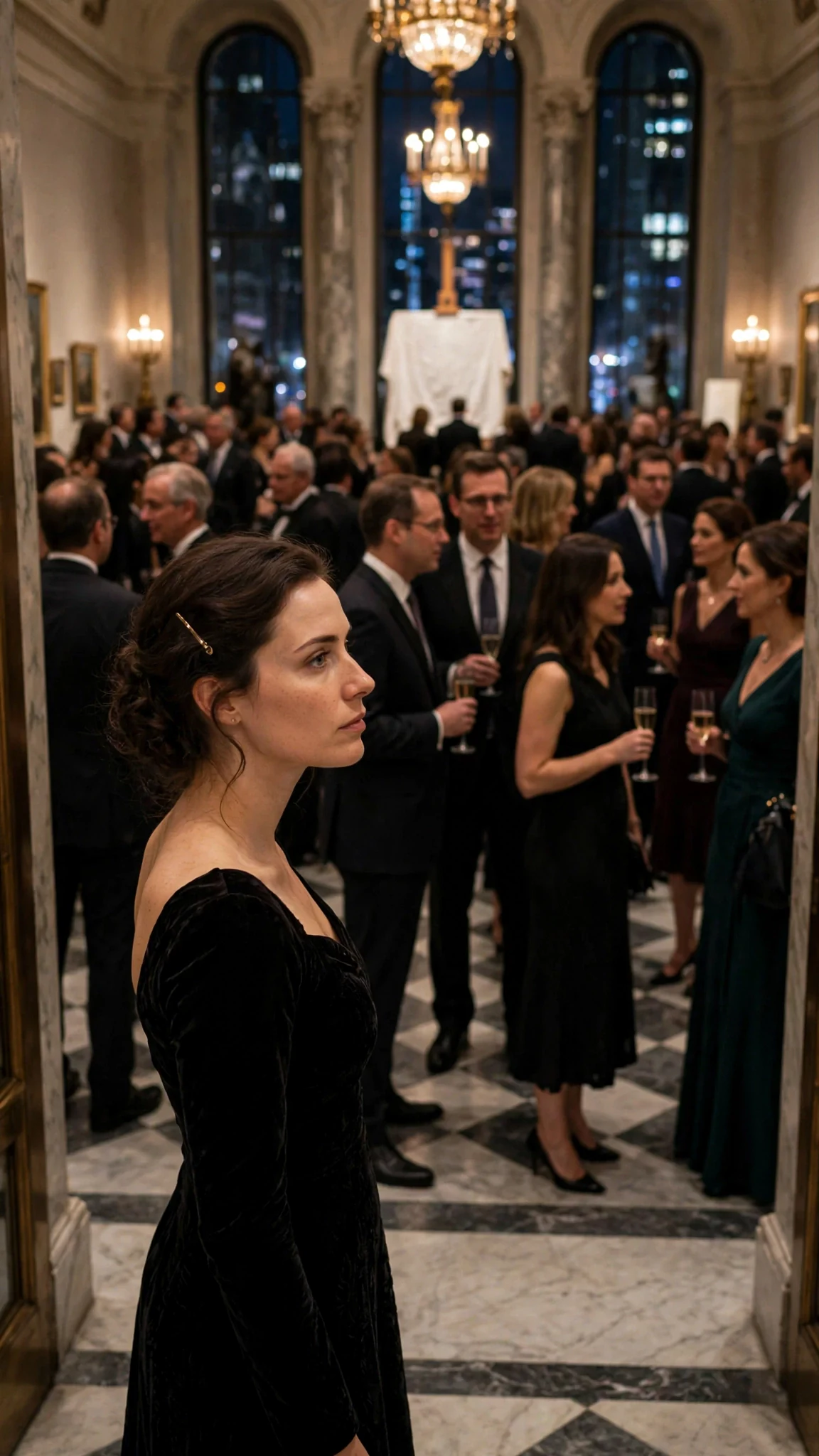 A woman in a dark dress enters a marble gallery filled with donors and a covered easel.