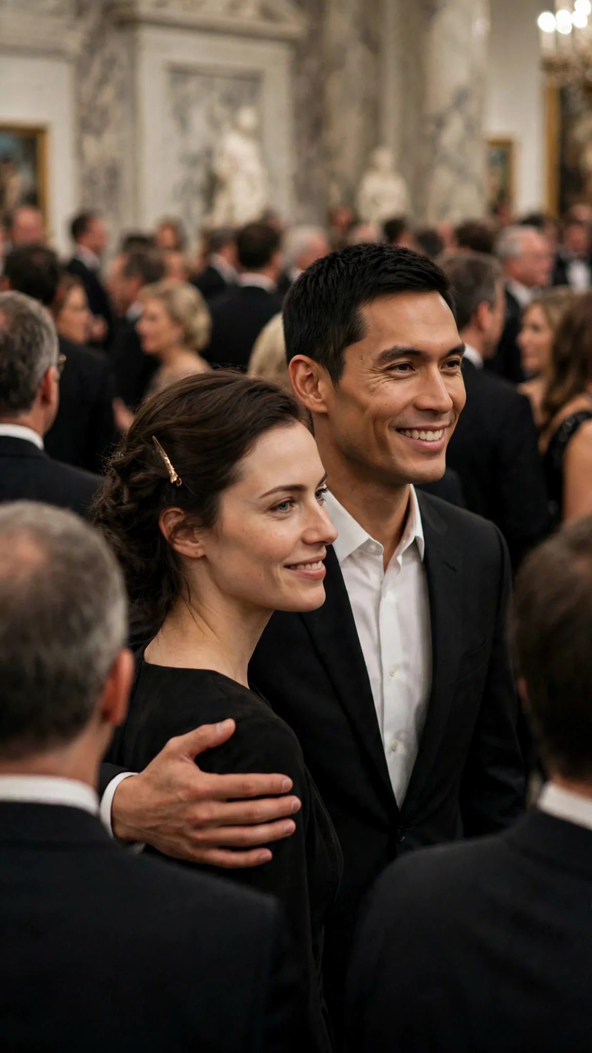 A tall man in a dark suit guides a woman through a crowd with his hand flat on her back.