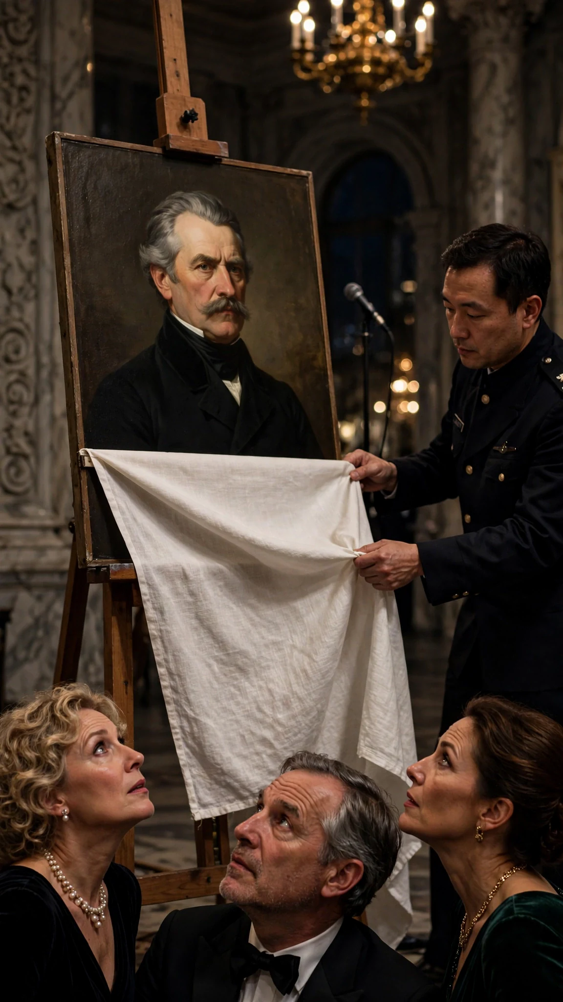 A linen sheet slides off a portrait on an easel as donors lean in.