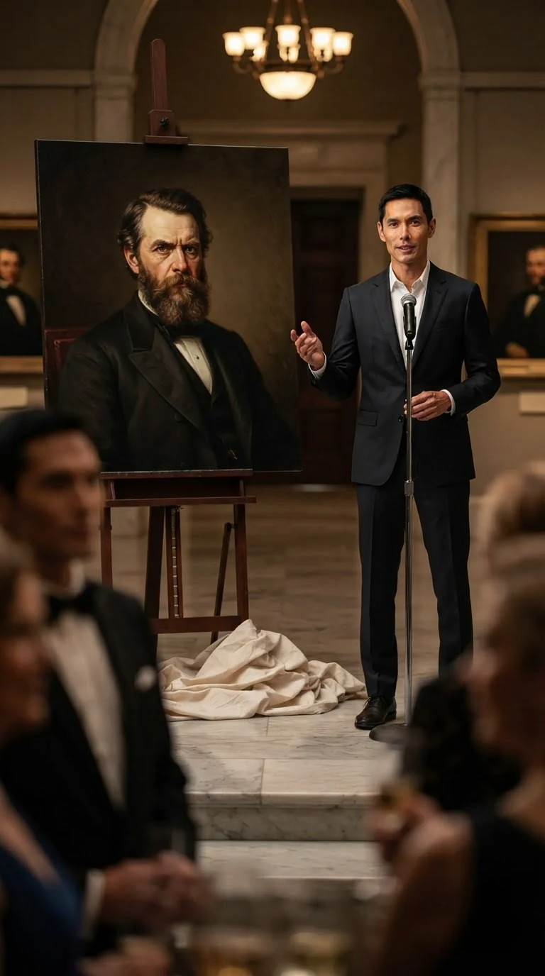 A tall man in a dark suit speaks into a microphone beside the unveiled portrait.