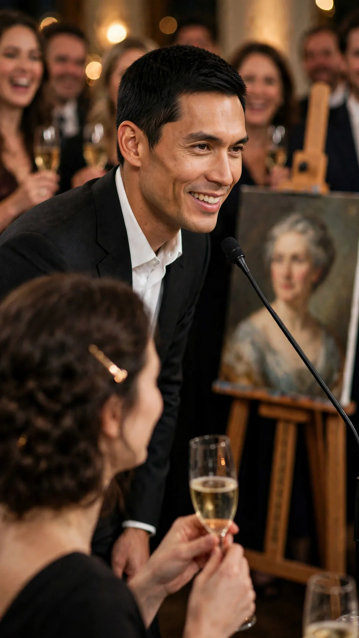 A man at a microphone smiles as donors laugh, a woman in a dark dress rigid in the foreground.