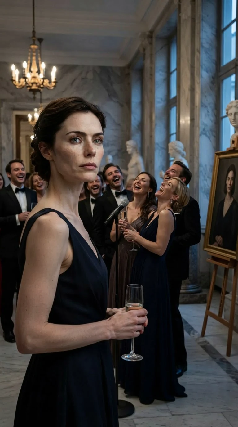 Donors laugh while a woman in a dark dress stands very still with her chin up.