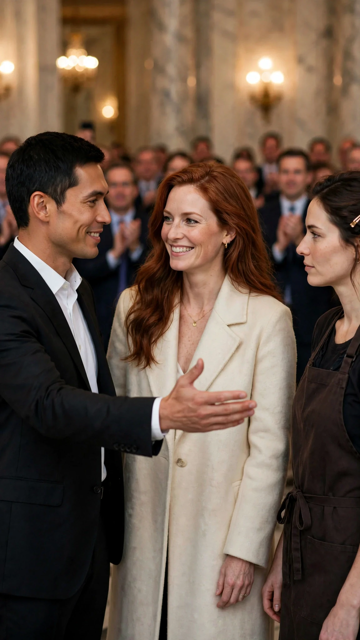 A man gestures toward an auburn-haired woman in a cream coat as the crowd applauds.