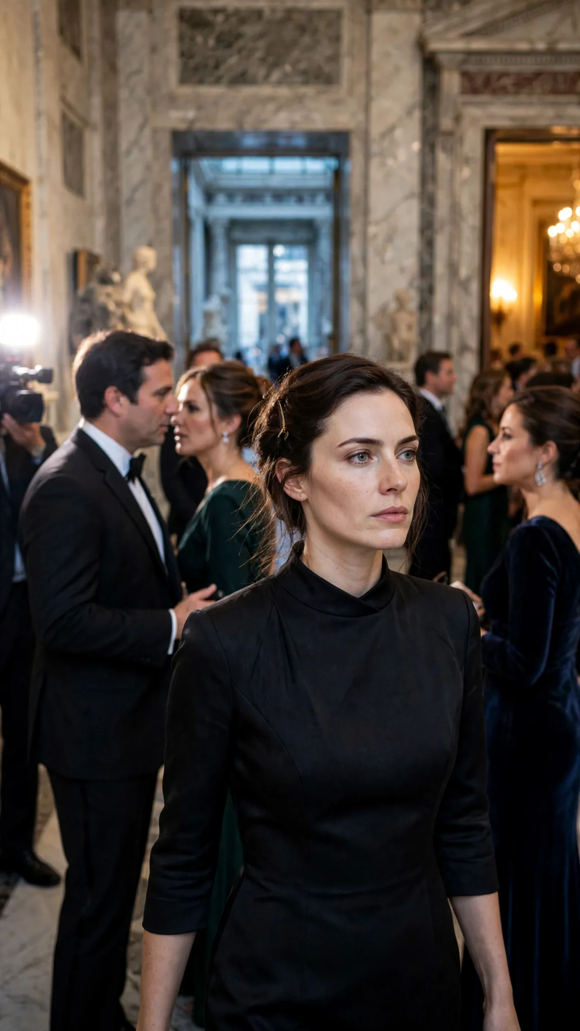 A woman in a dark dress walks toward a side door through a crowd of staring donors.