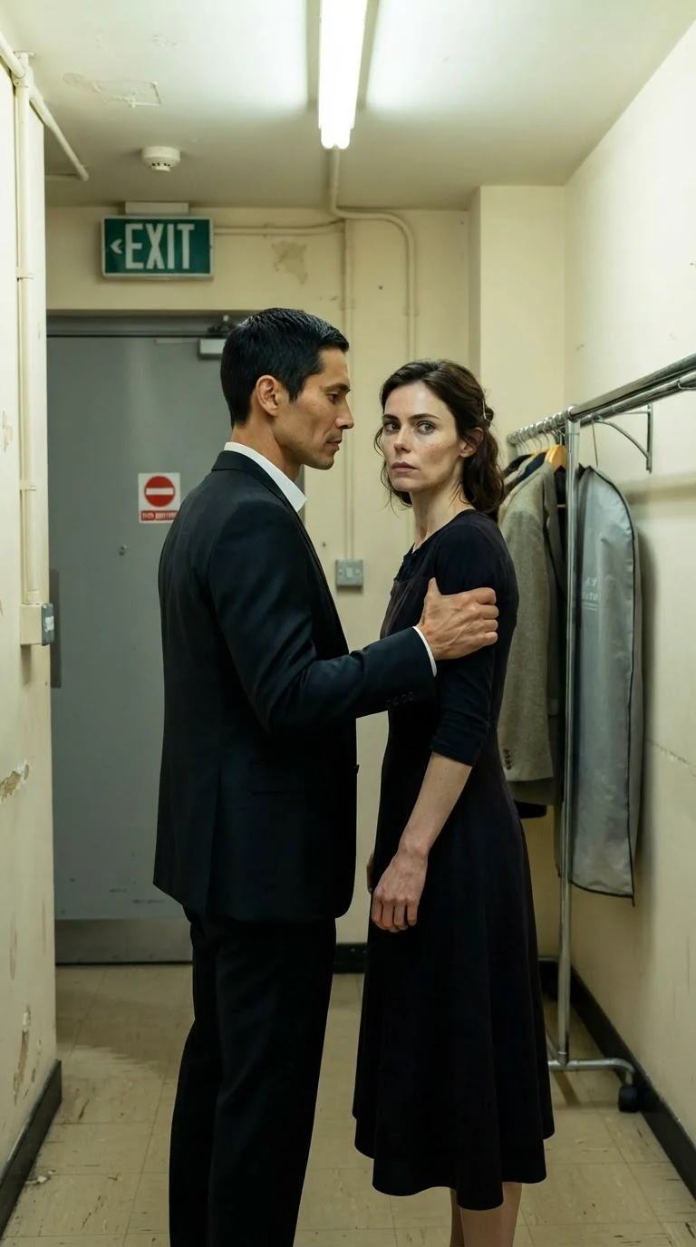 A man grips a woman's upper arm in a service corridor.