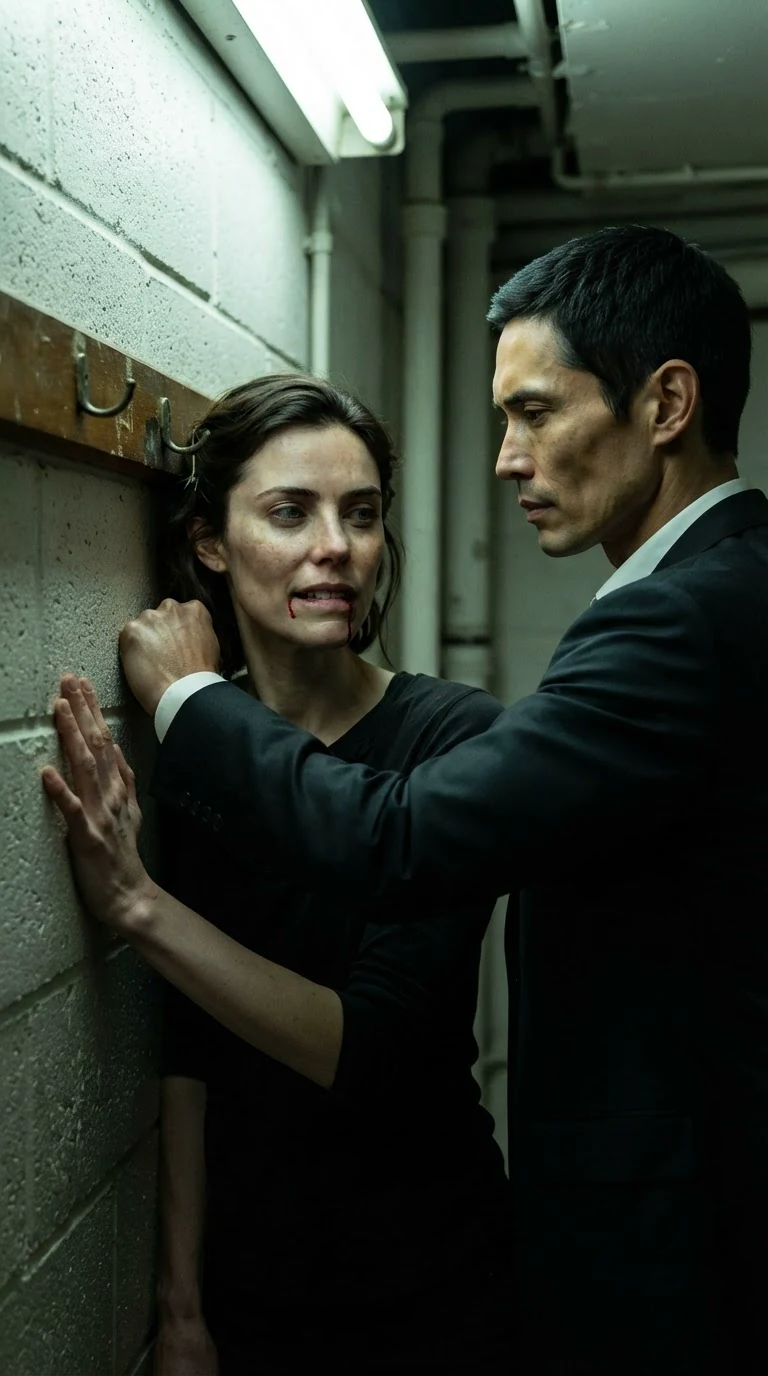 A man presses a woman back against a corridor wall, her head near a coat rail.