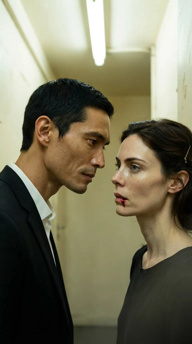 A man leans close to a woman pinned against a corridor wall, speaking.