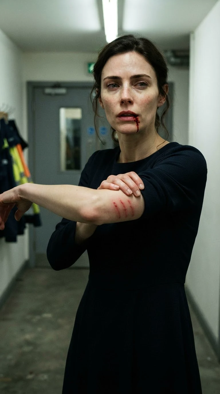 A woman's bare arm shows four red finger marks in a corridor.