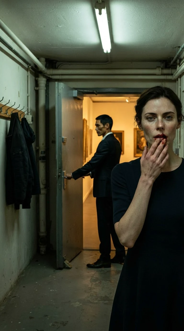 A man in a dark suit walks back through a service door, leaving a woman alone in the corridor.