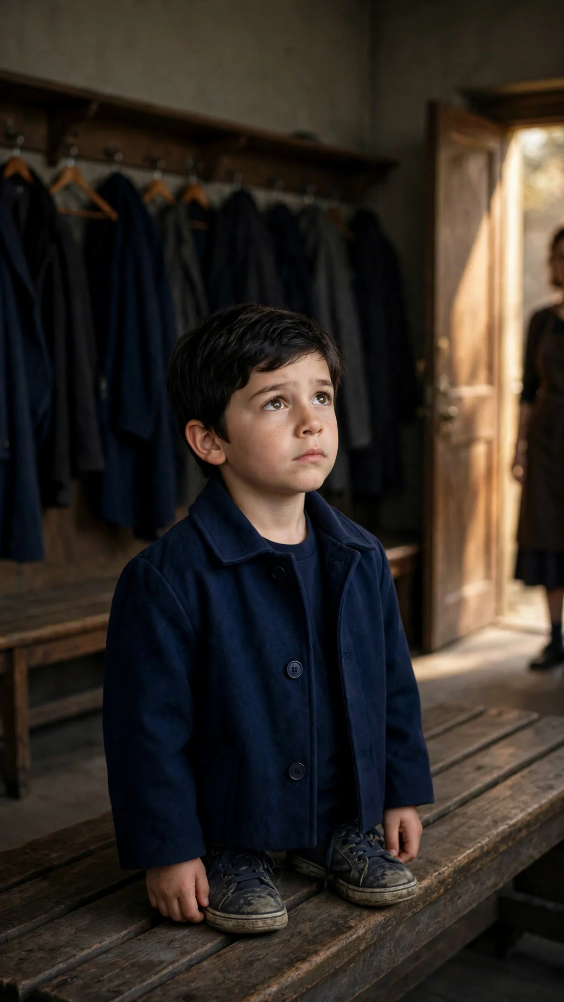 A small dark-haired boy in a navy school coat stands under a rack of coats in a dim room.