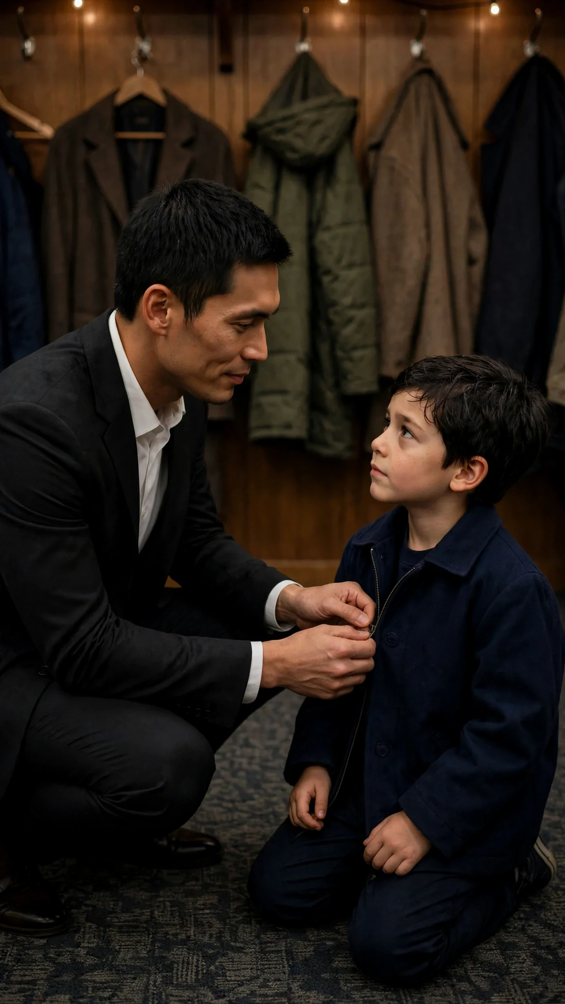 A man in a tailored suit kneels on a coatroom carpet to fix a small boy's zipper.