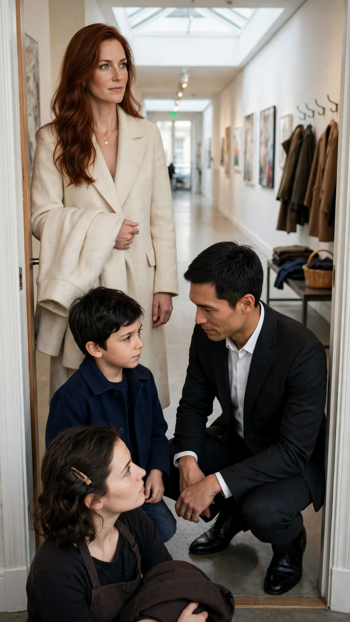 A woman in a cream coat stands in a coatroom doorway watching a man kneel by a boy.