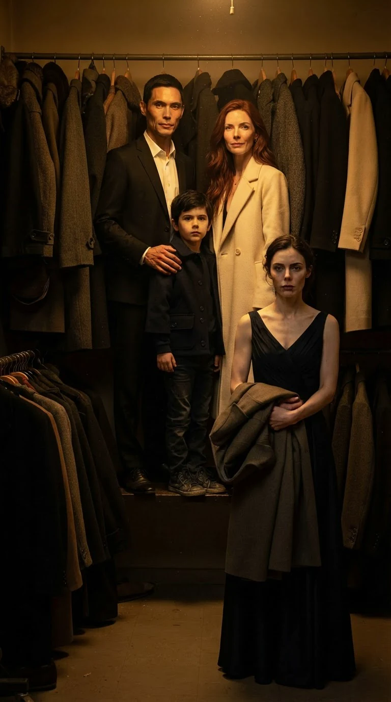 A woman in a dark dress holds her coat in a coatroom while a family stands together.