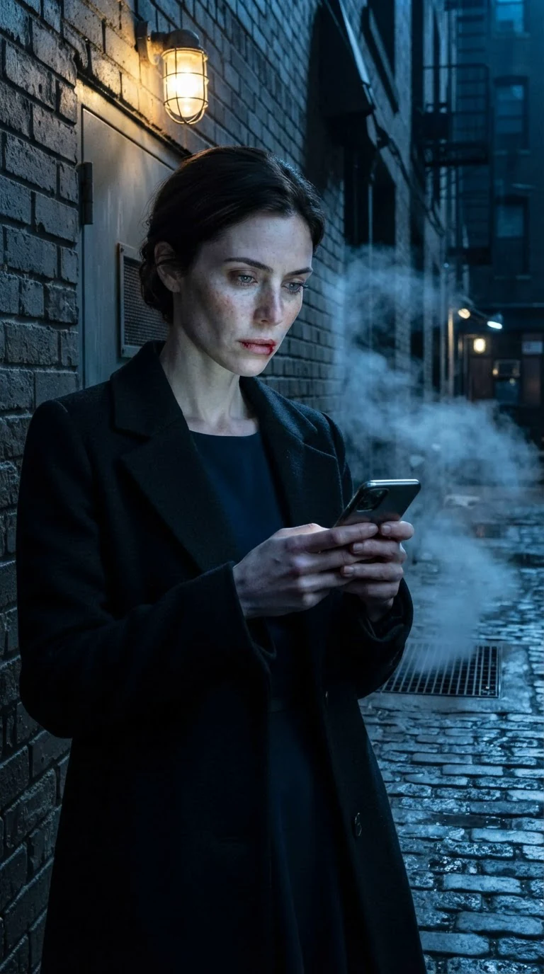 A woman stands in a wet alley at night, a phone glowing in her hand.