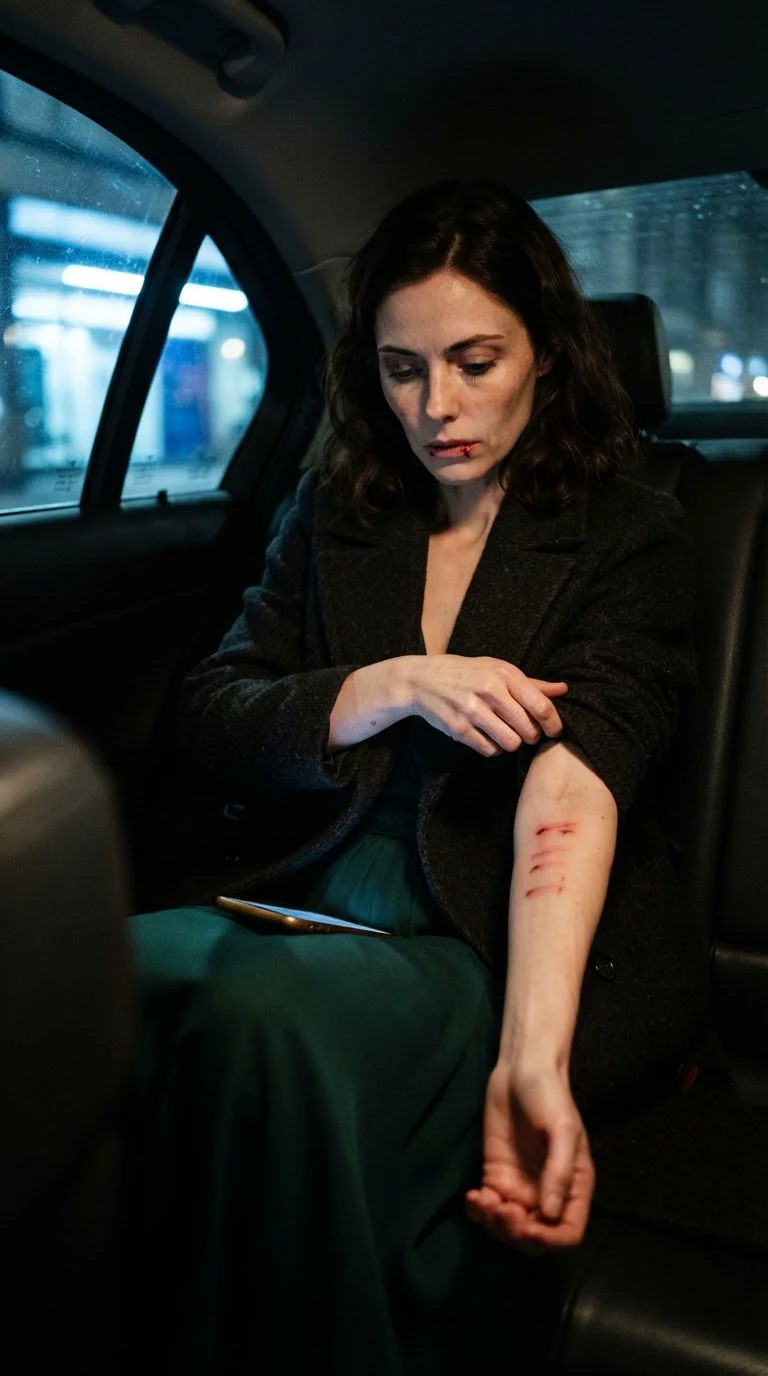 A woman in the back of a town car looks at four red marks on her arm.