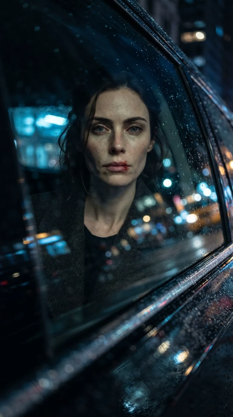 A woman's face reflected in a car window with city lights beyond.