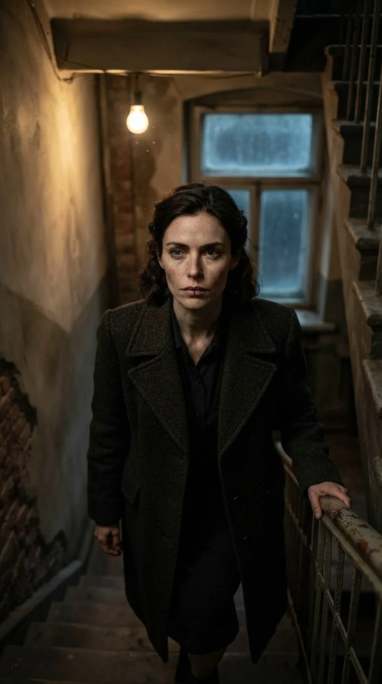 A woman in a dark coat climbs a dim stairwell in an old walk-up at night.