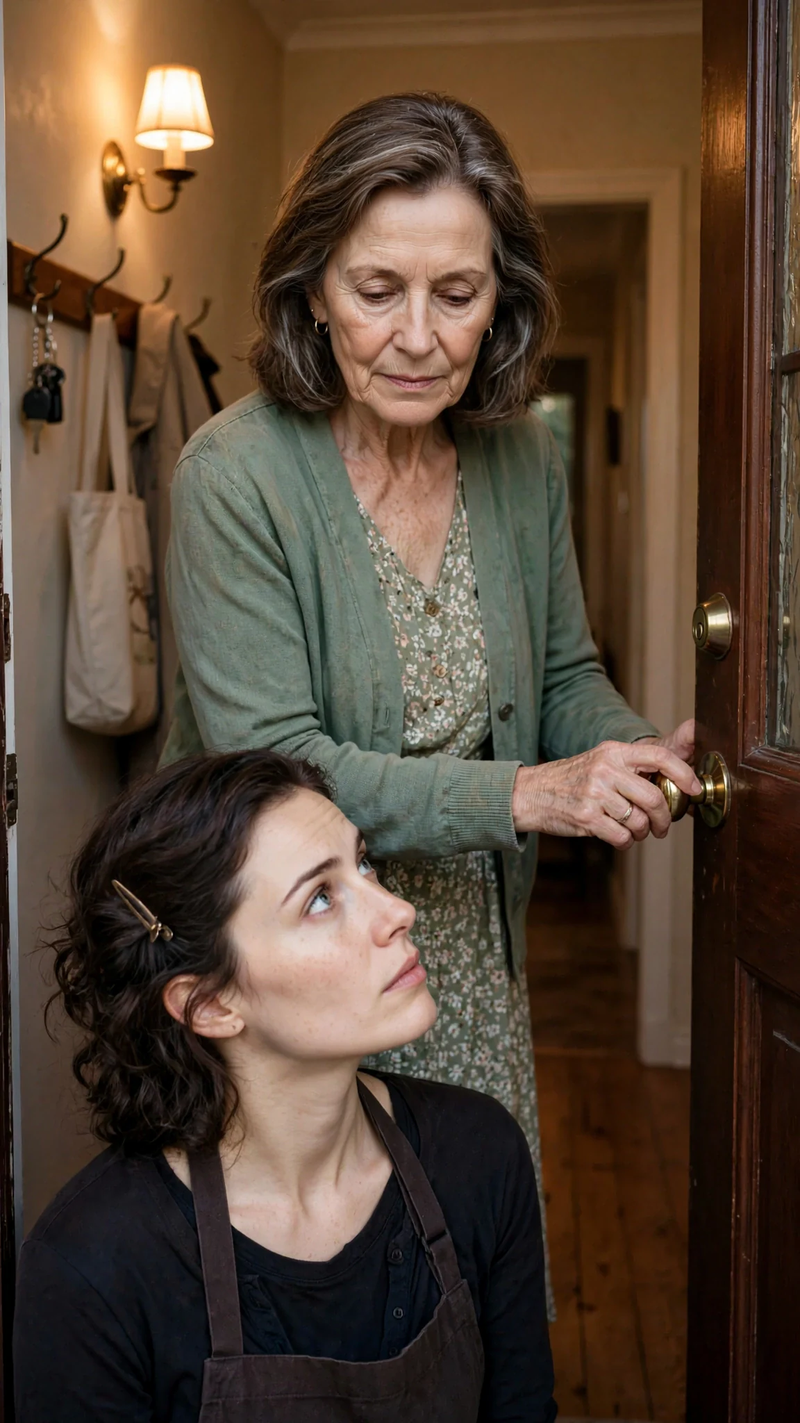 A small straight-backed woman in a green cardigan opens her door and reads her daughter's face.