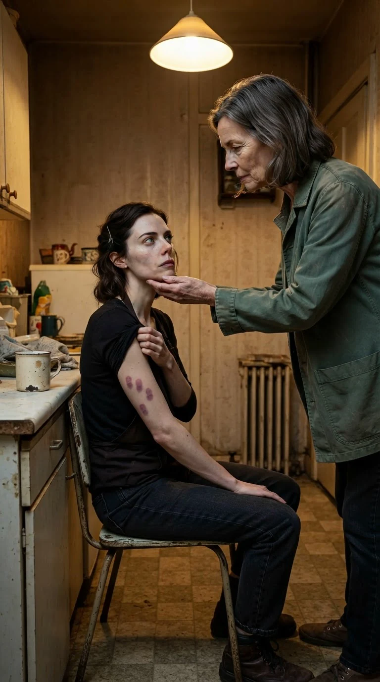 Fern turns her daughter's face toward the kitchen lamp and pushes back a sleeve.