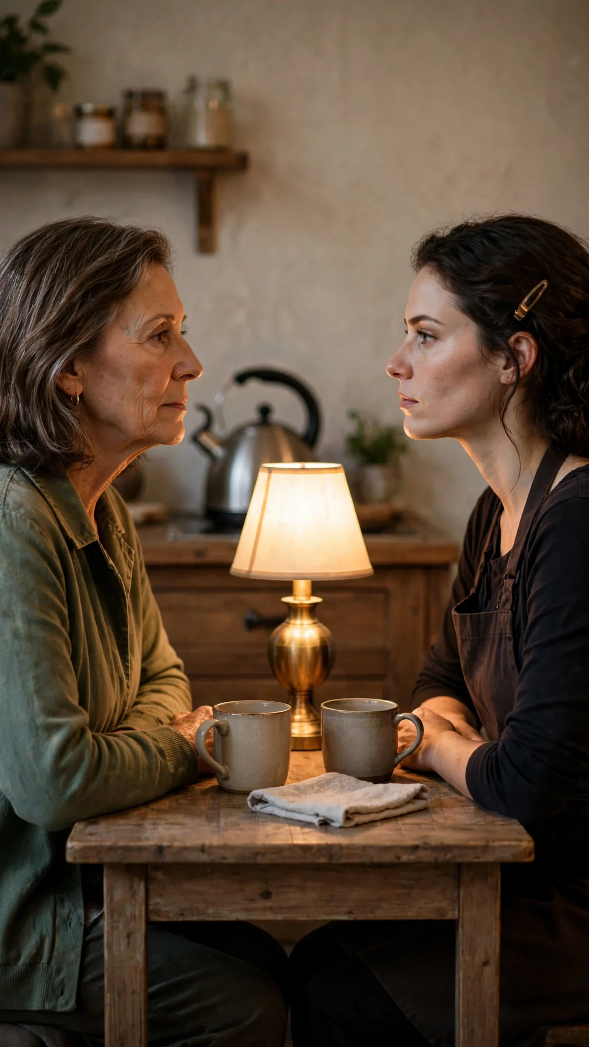 The two women face each other across the small kitchen table.