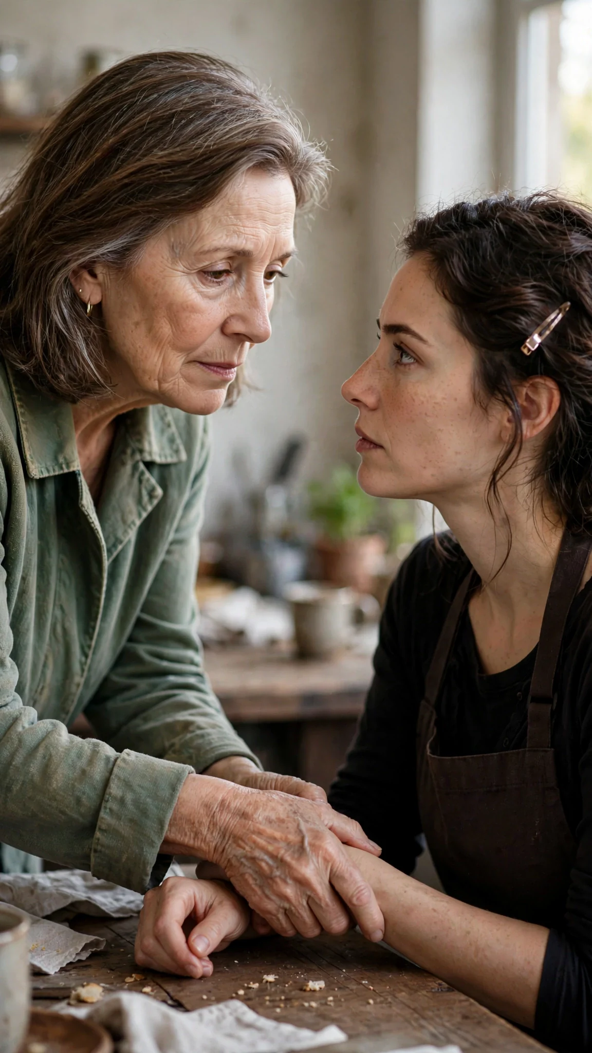 Fern leans across the table and closes her hand around her daughter's wrist.
