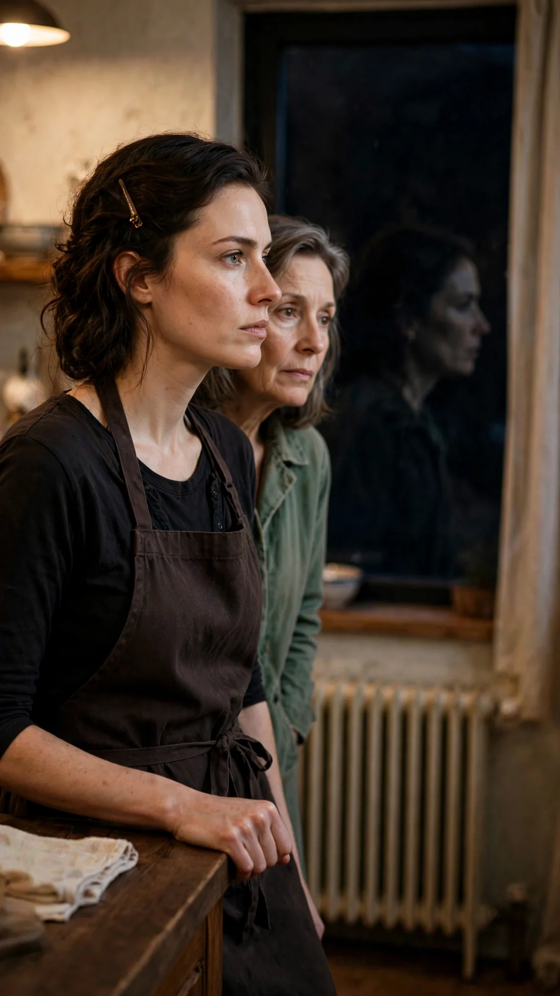 Rue stares past her mother at her own reflection in the dark kitchen window.