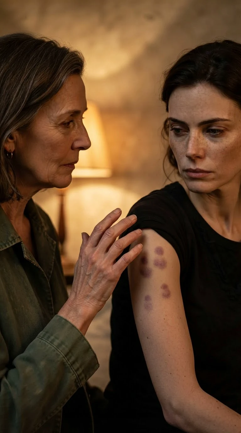Fern's fingertips hover above the bruises on her daughter's arm.