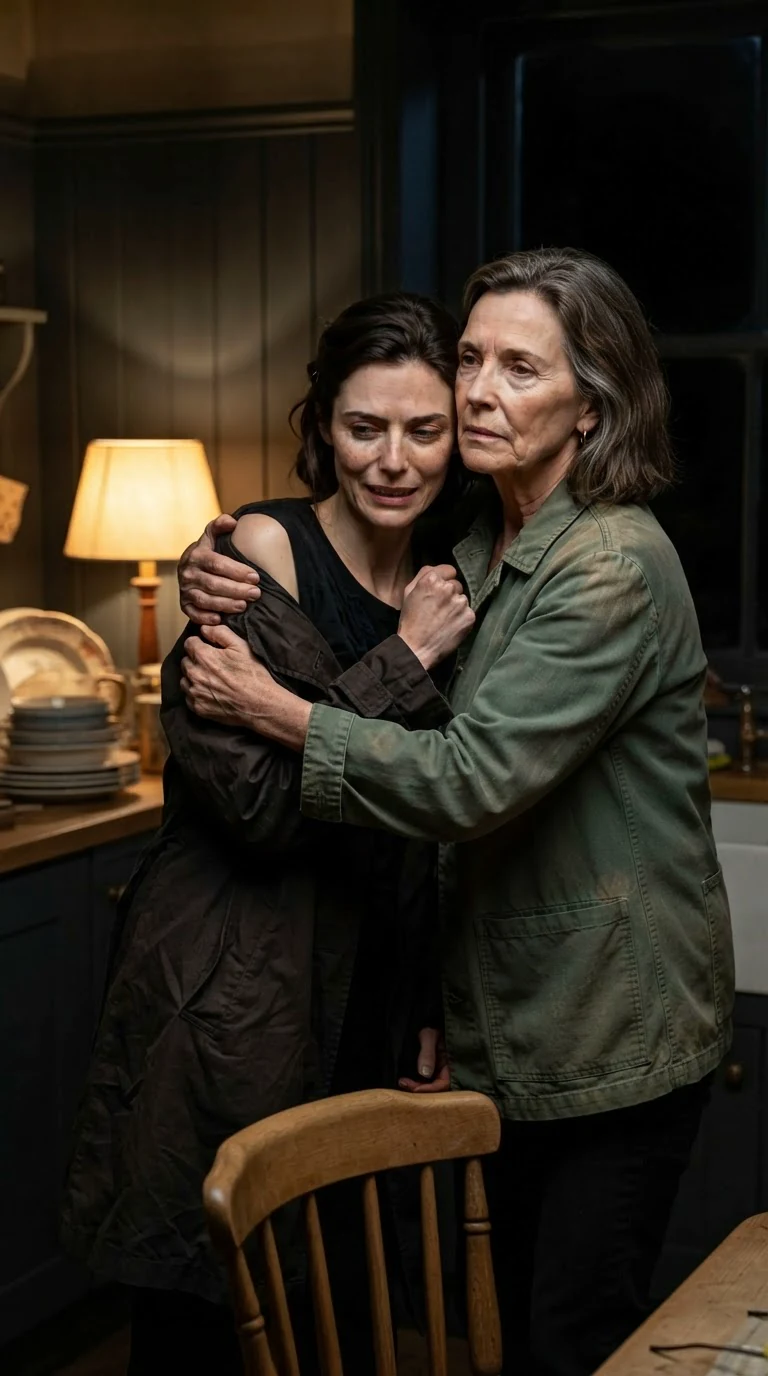 Fern pulls her taller daughter up out of the chair and into her arms.