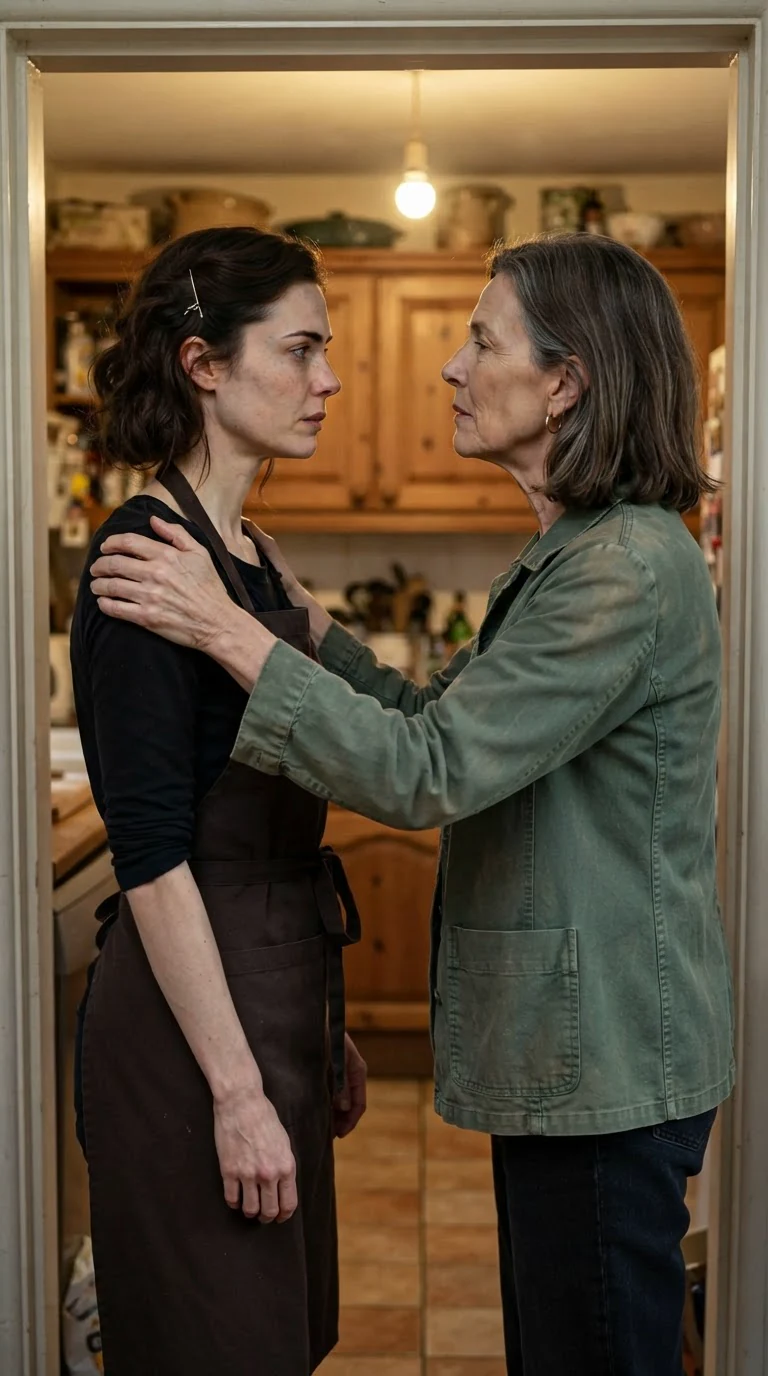 Fern holds her daughter at arm's length by both shoulders.