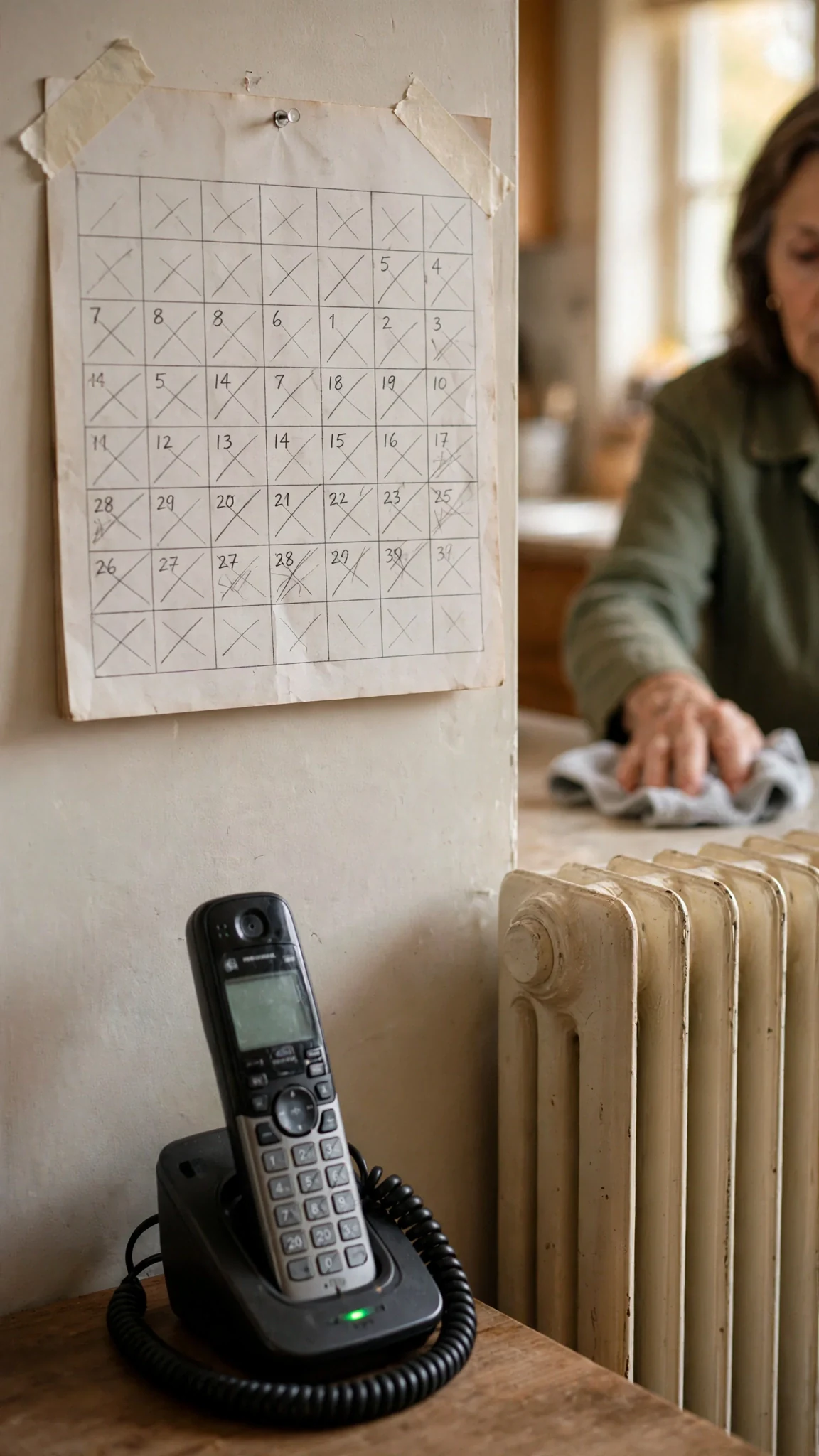 A cheap kitchen calendar with days crossed in pencil beside a coiled phone.