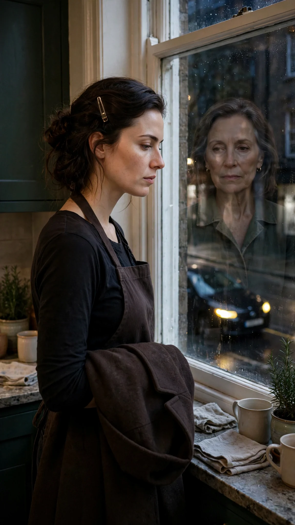 Rue stands at the window, coat over her arm, a black car idling below.