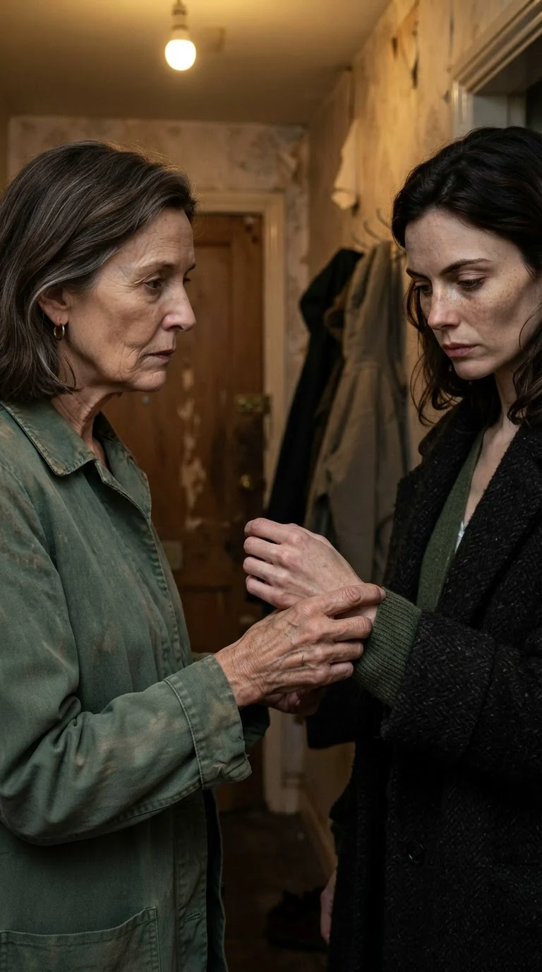 Fern's hand closes on her daughter's wrist in the dim hallway.