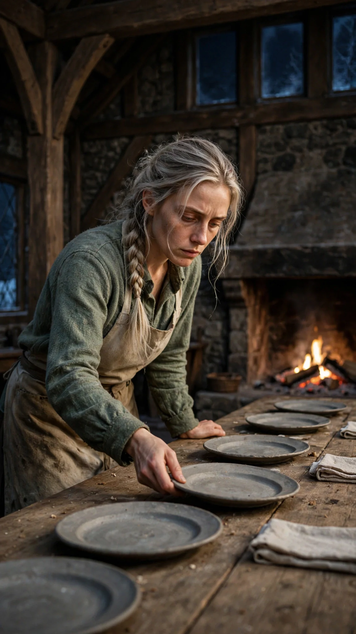 A woman in a canvas apron sets plates on a long table in a firelit hall.