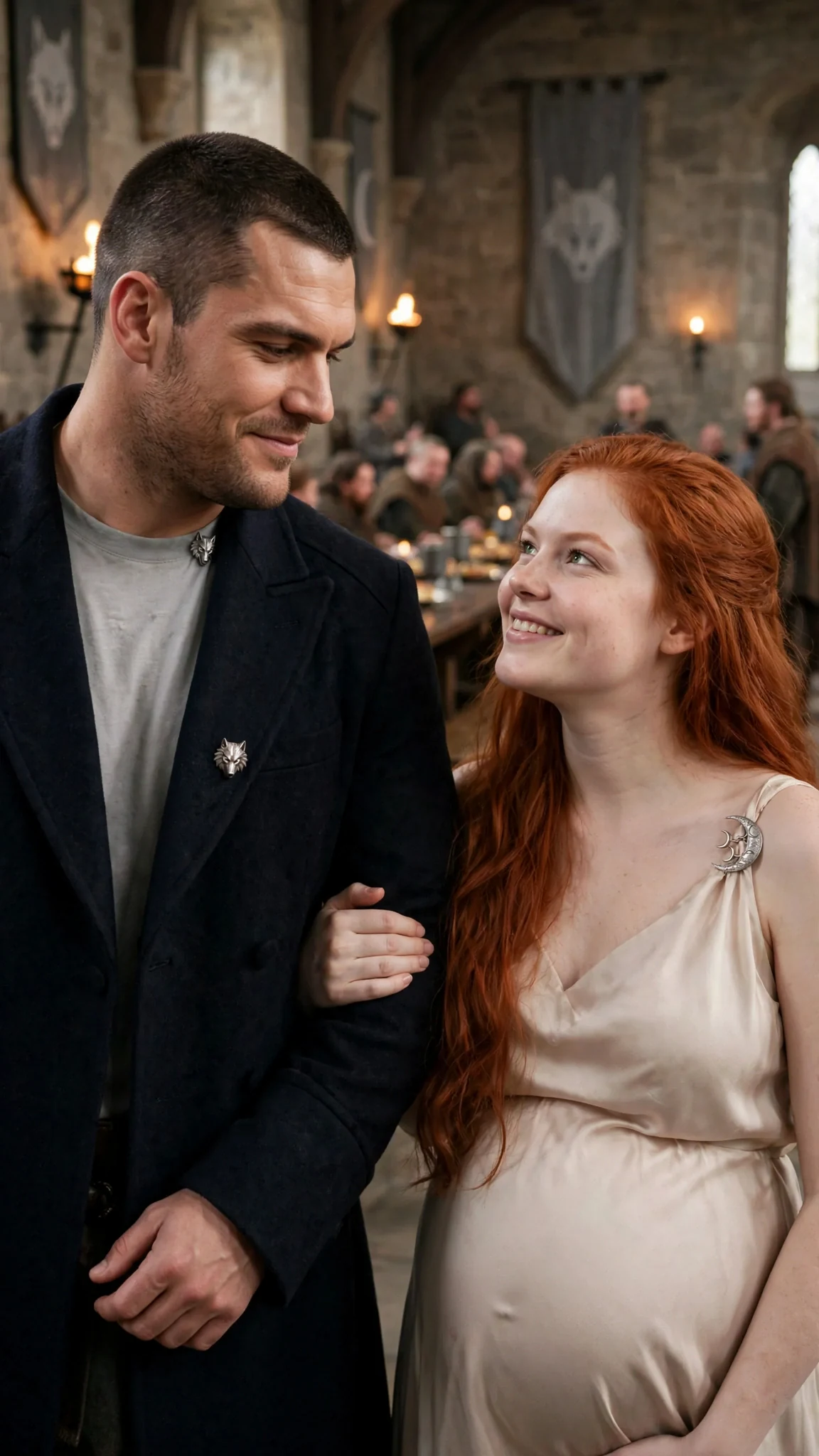 A broad-shouldered man in an Alpha's coat enters with a pregnant red-haired woman on his arm.