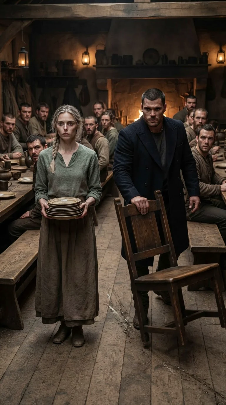 The woman holds her ground while the Alpha pulls the high-backed chair out.