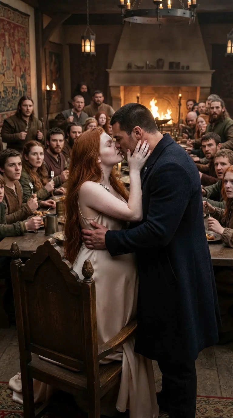 The red-haired woman takes the Alpha's jaw and kisses him at the head table.