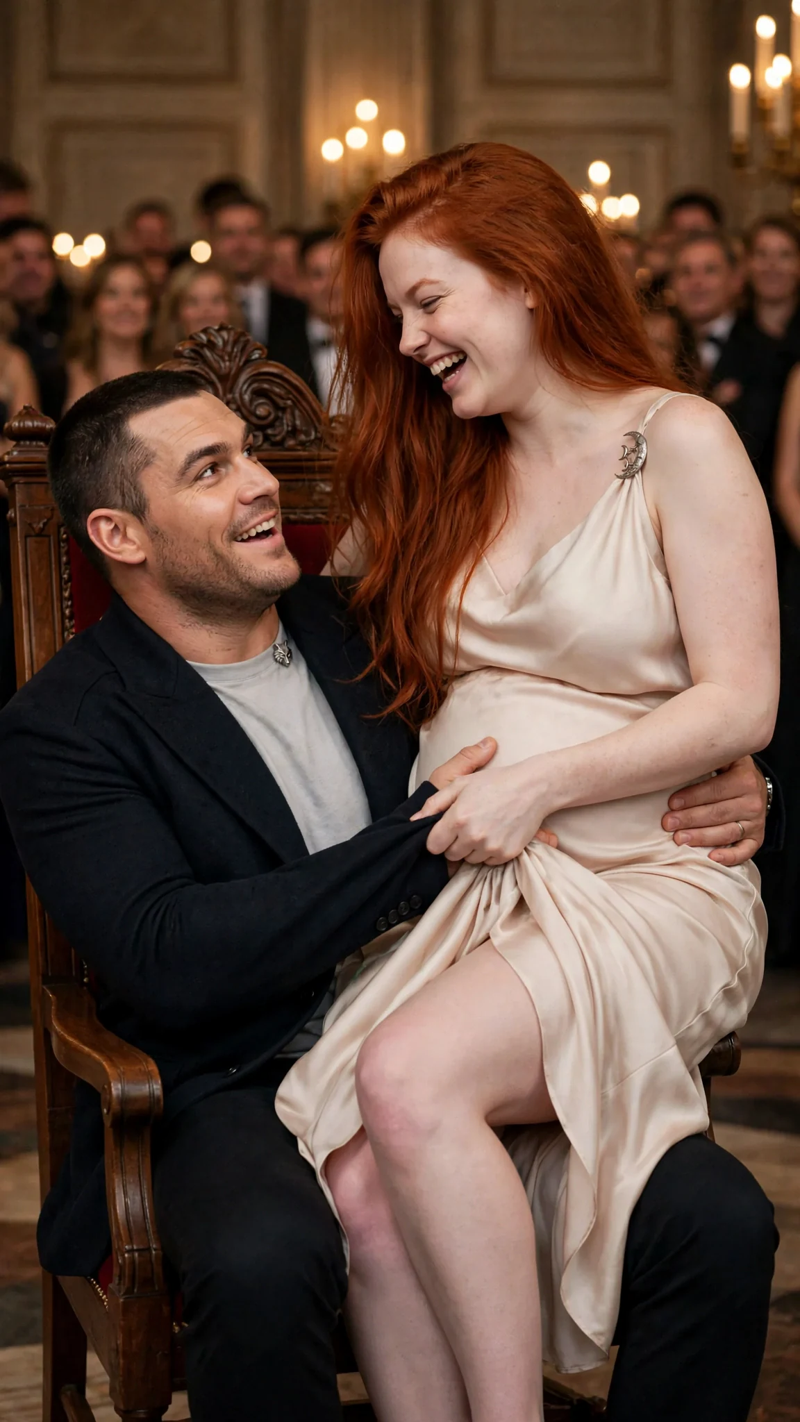 The red-haired woman pulls the Alpha down into the chair, her hem sliding up.