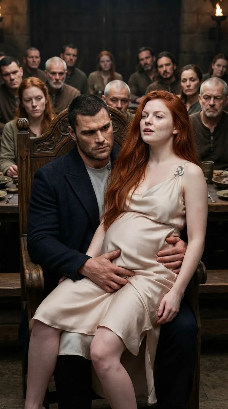 The Alpha's hand disappears under the silk dress while pack members watch.