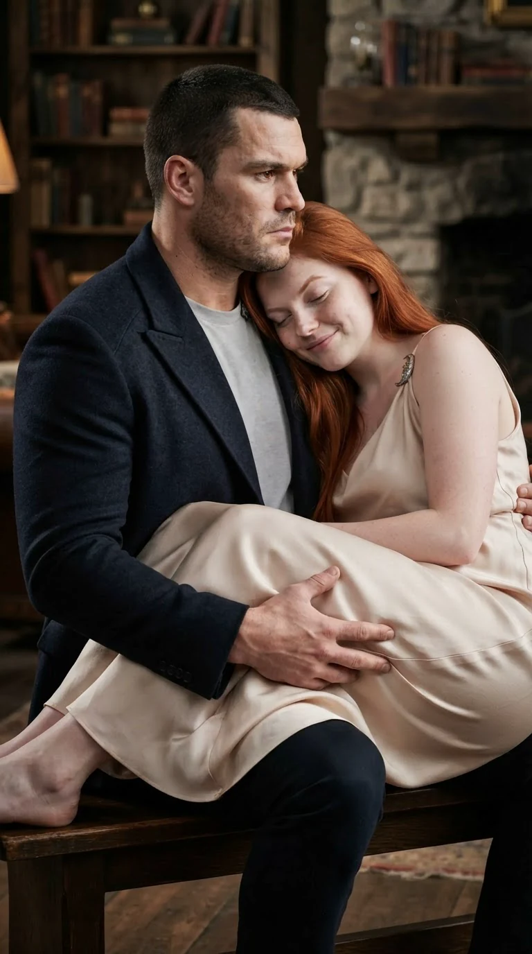 The Alpha looks over the red-haired woman's shoulder and speaks coldly to his wife.
