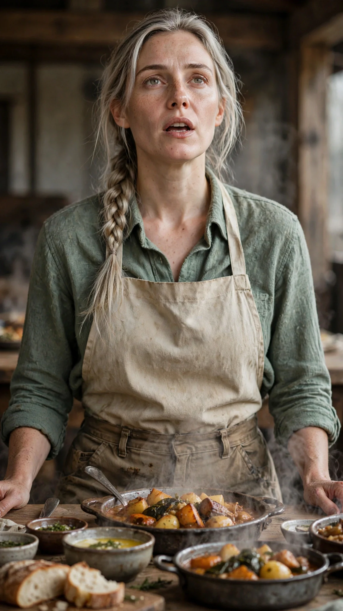The woman in the apron lifts her chin and refuses.