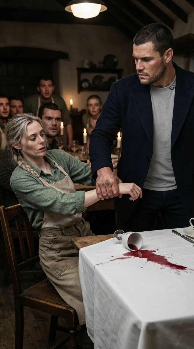 The Alpha's hand closes on the woman's wrist and drags her, spilling a cup of wine.