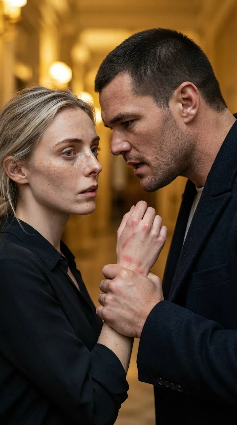 The Alpha leans close to his wife's ear, his grip white on her wrist.