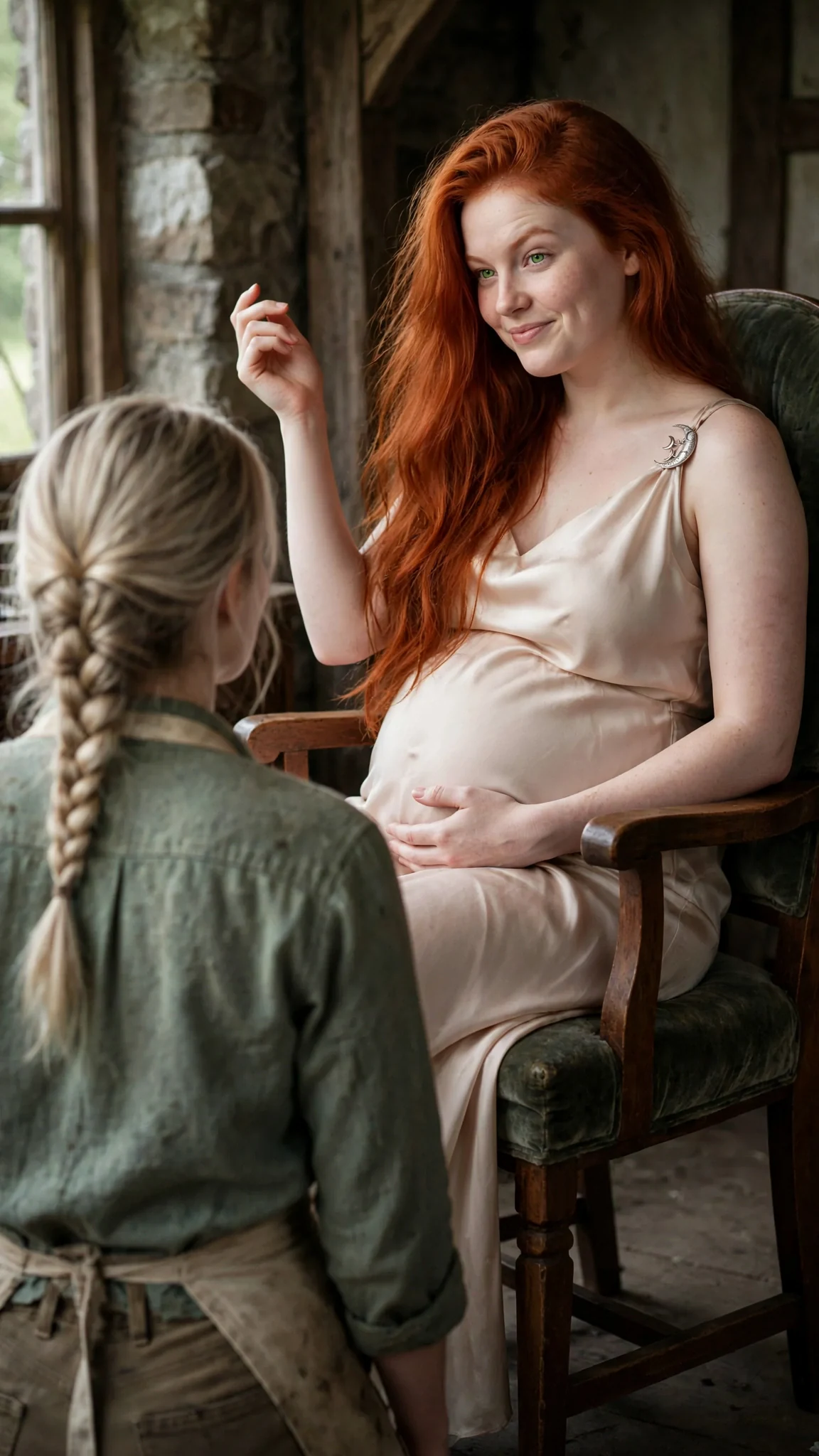 The pregnant woman in the chair flicks a hand at the apron and smiles.