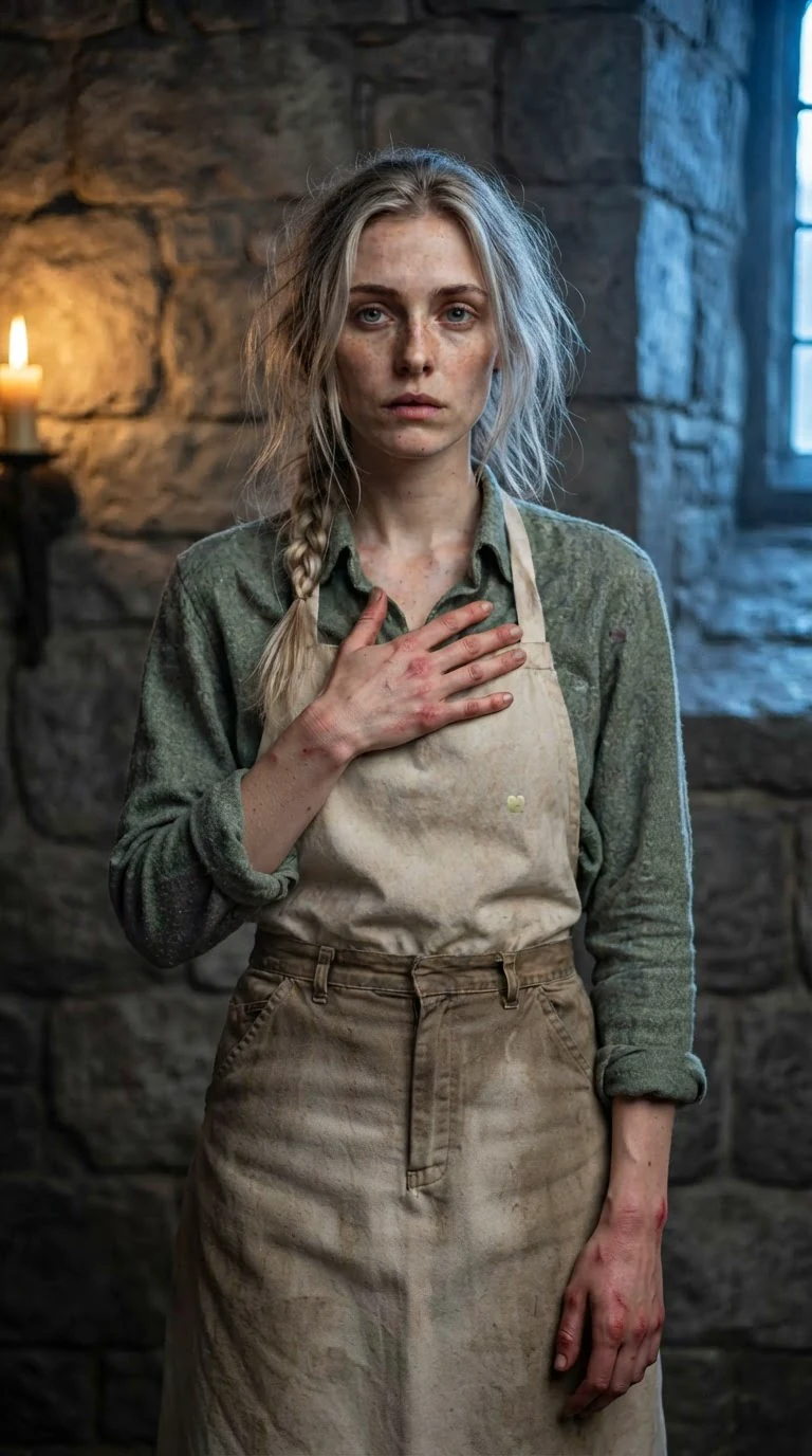 The woman stands with her hand pressed to her chest, expression going still.