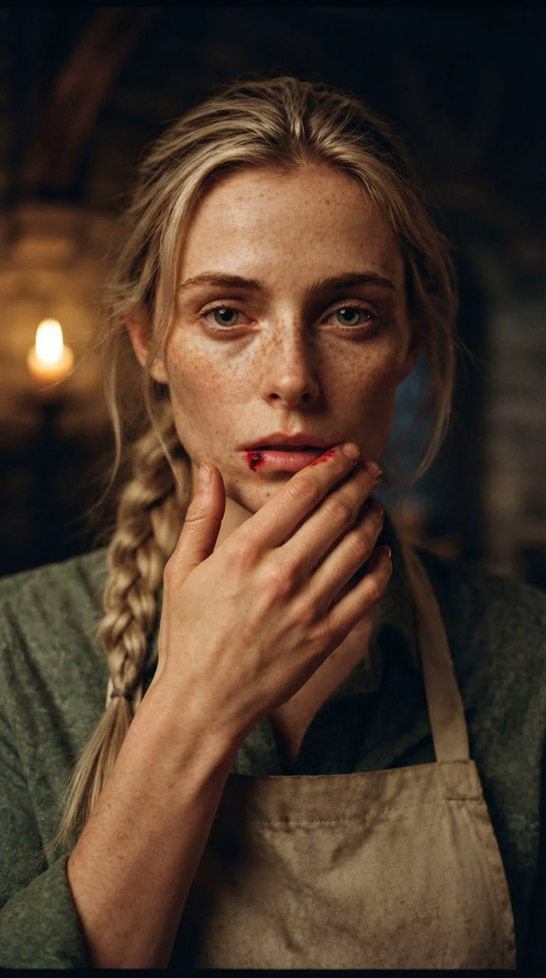 The woman wipes her lip and looks at the red on the back of her hand.