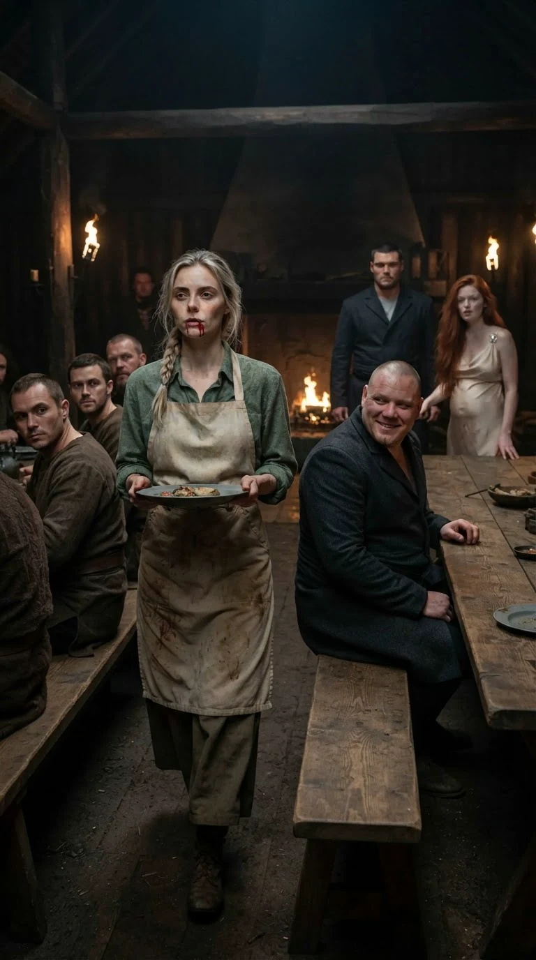 The woman lifts her plate and walks to the far end of the long table.