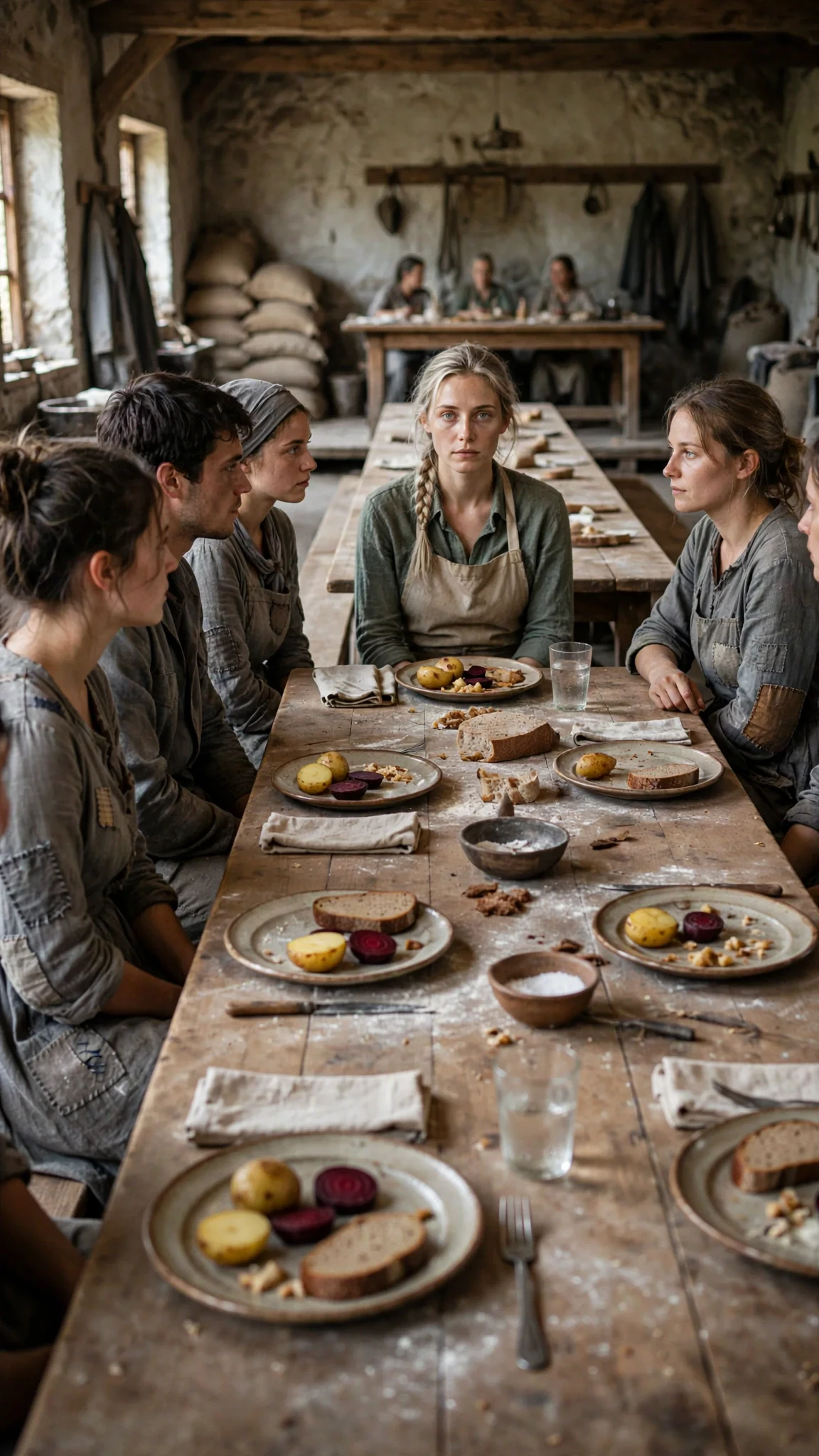 The woman sits at the far end of the table among the vault workers, straight-backed.
