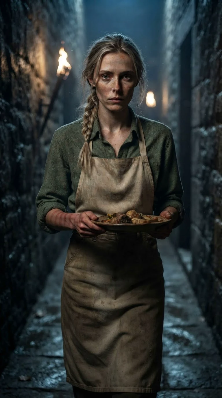 Fiona carries her plate through a stone service passage, red finger marks on her wrist.
