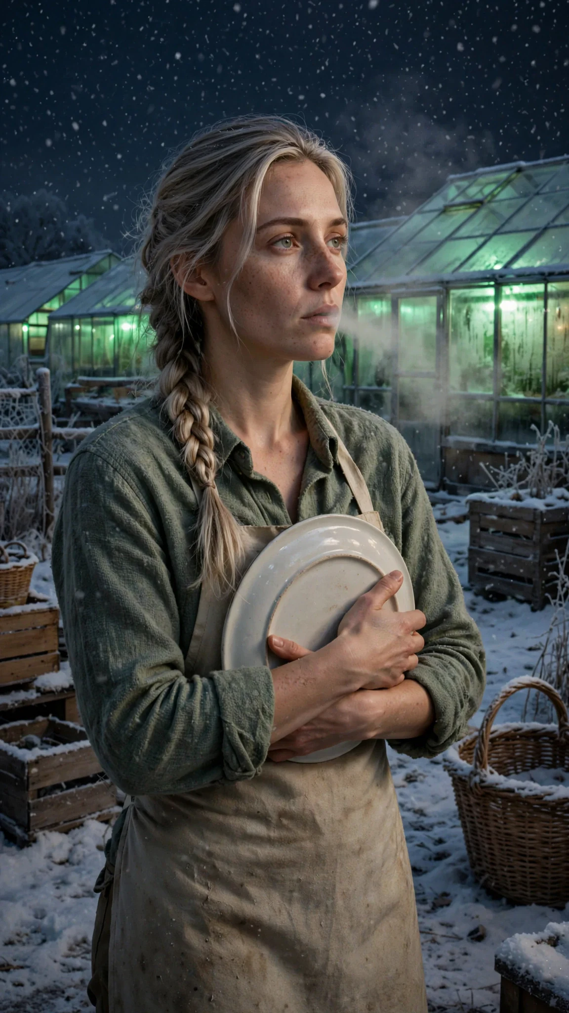 Fiona stands in the snowy yard, looking at the lit glasshouses.